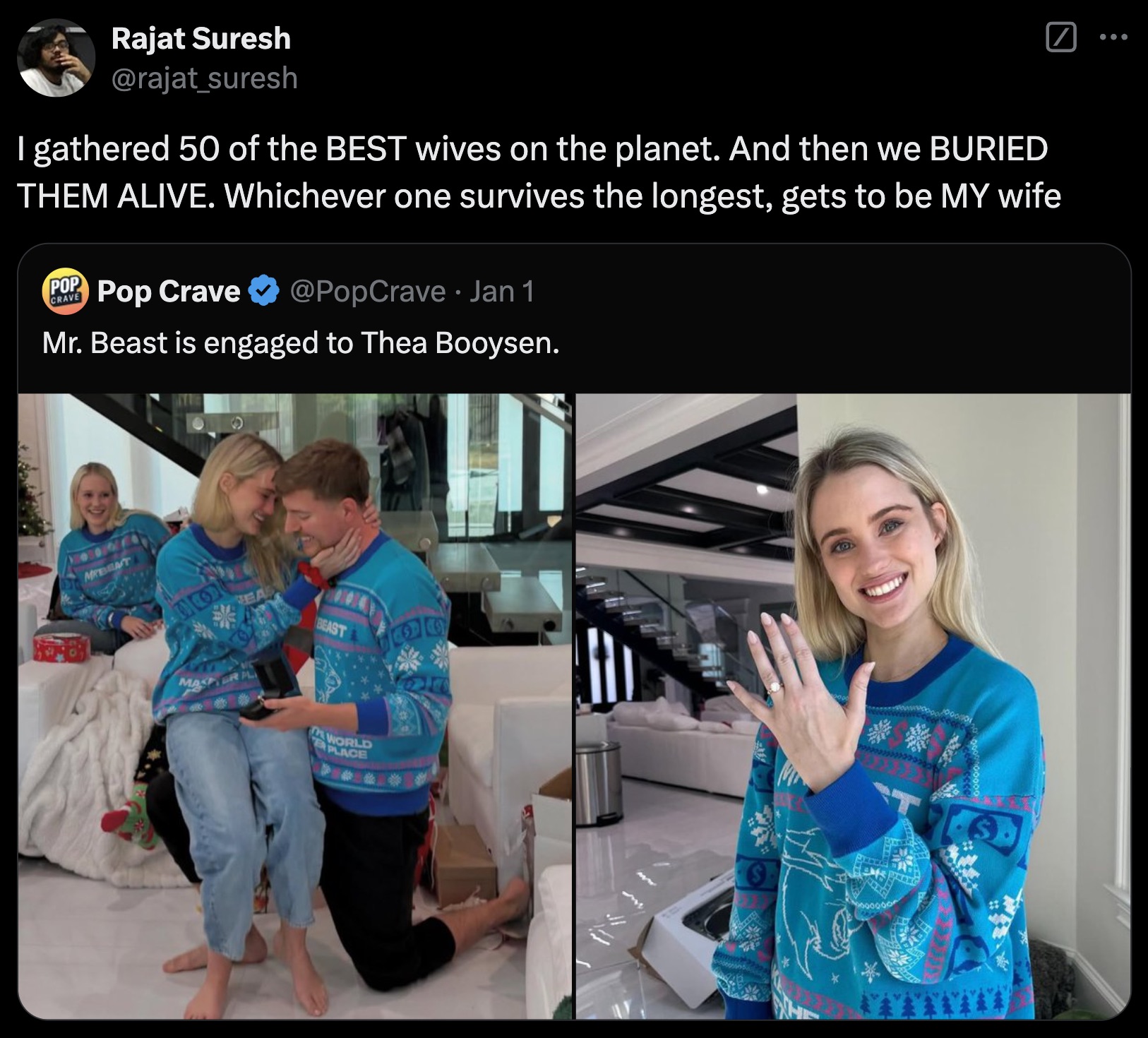 Thea Booysen - Rajat Suresh I gathered 50 of the Best wives on the planet. And then we Buried Them Alive. Whichever one survives the longest, gets to be My wife Pop Crave Jan 1 Mr. Beast is engaged to Thea Booysen.